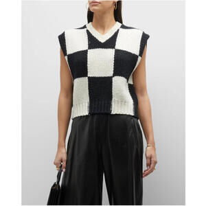 Frame Jeans Sweater Womens Medium Merino Wool Black White Checkered Vest